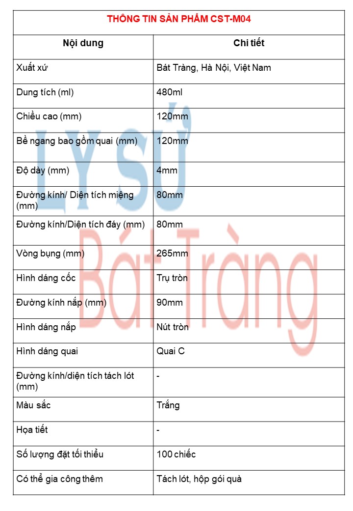 Thông số kĩ thuật lý sứ trắng