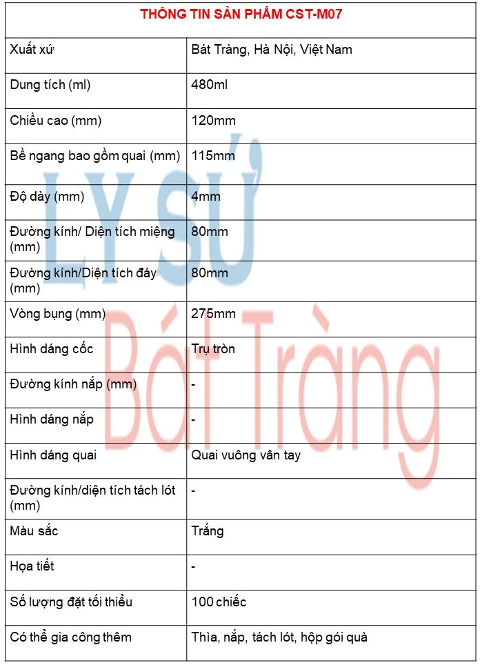 thông số kĩ thuật cốc sứ trắng