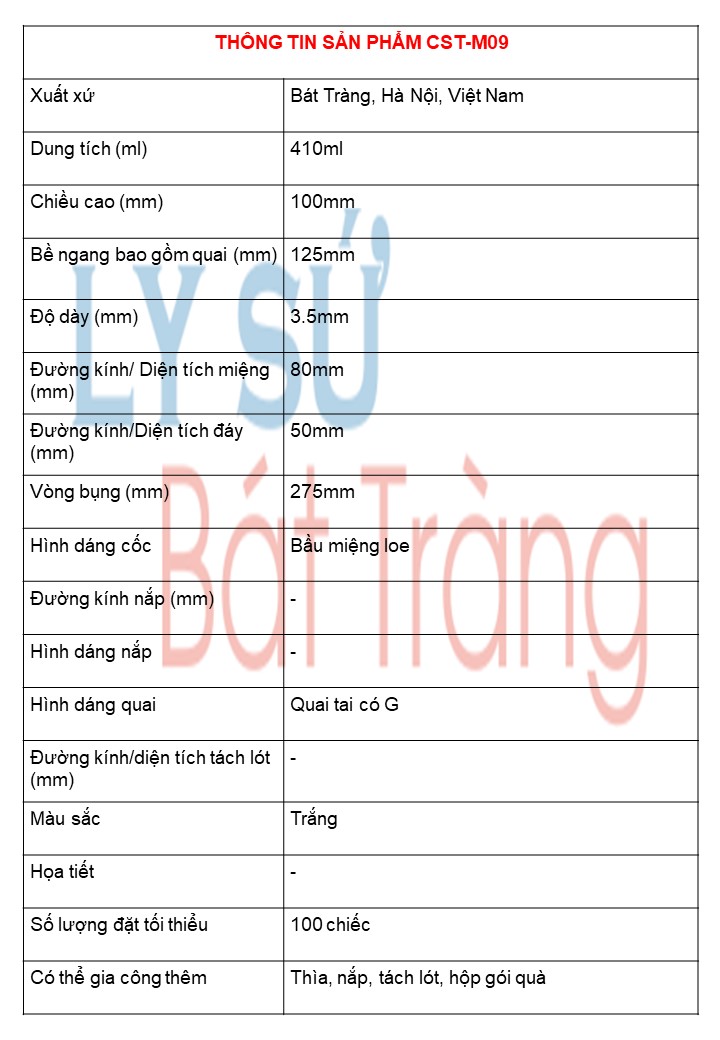 thông số kĩ thuật cốc sứ trắng